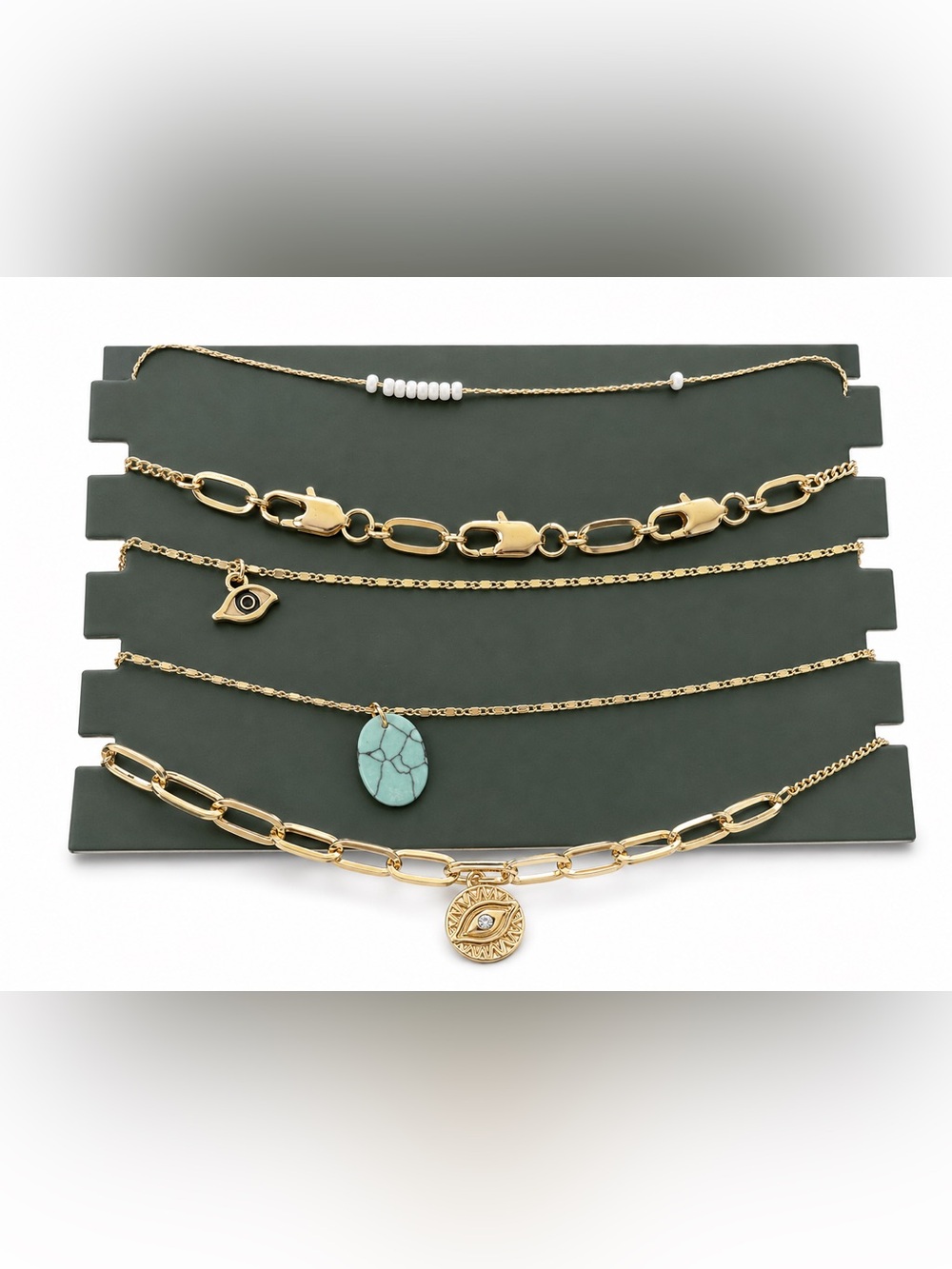 5-Piece Gold Tone Evil Eye Turquoise Layered Necklace Set Boho